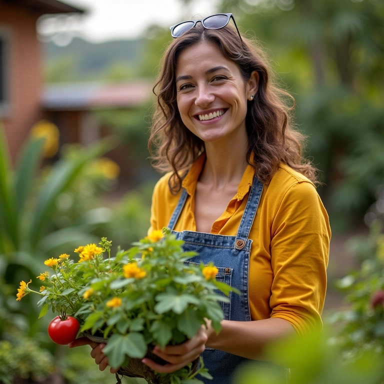 Mulher brasileira cuidando do jardim em seu quintal.