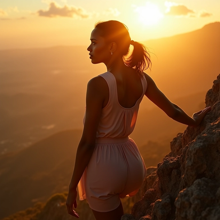 Mulher brasileira escalando montanha, representando resiliência.