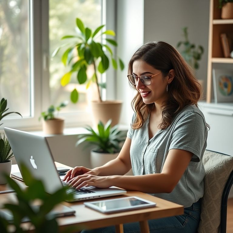 Mulher brasileira escreve post de blog em escritório em casa aconchegante.