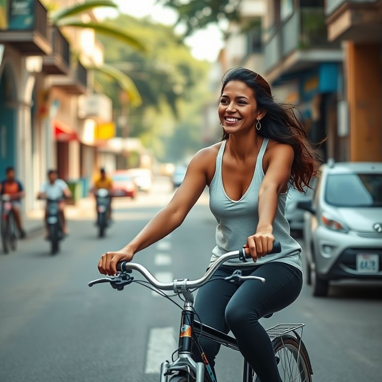Mulher brasileira feliz pedalando em rua vibrante.