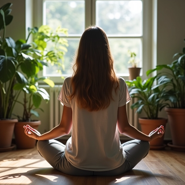 Mulher brasileira meditando para superar a procrastinação.