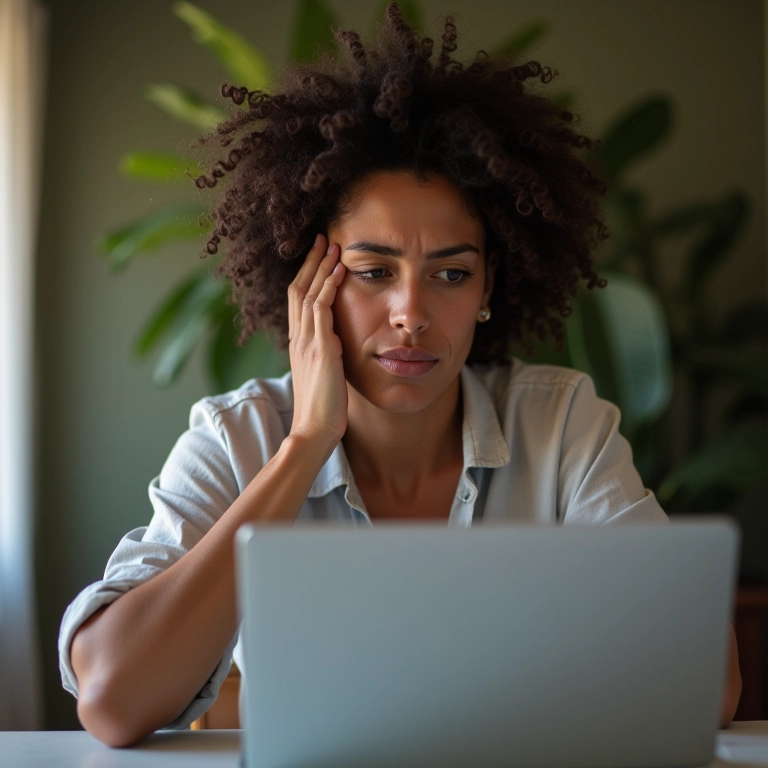 Mulher brasileira preocupada olhando extratos de dívidas e informações de empréstimos no laptop.