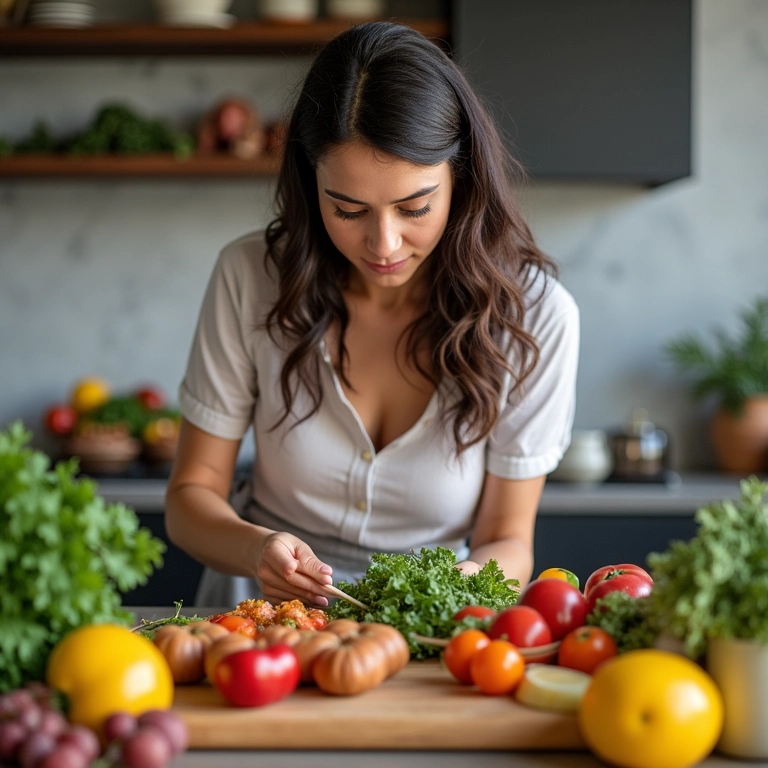 Mulher brasileira preparando refeições saudáveis e coloridas em cozinha moderna, usando soluções de armazenamento inovadoras.