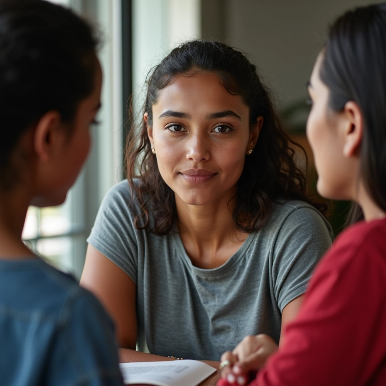Mulher brasileira recebendo feedback construtivo de um mentor durante um workshop. Aprendendo com os erros.