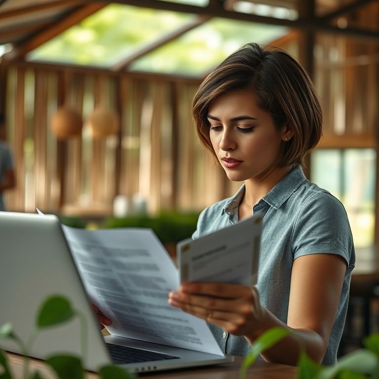 Mulher brasileira revisando um documento no laptop, destacando frases concisas.