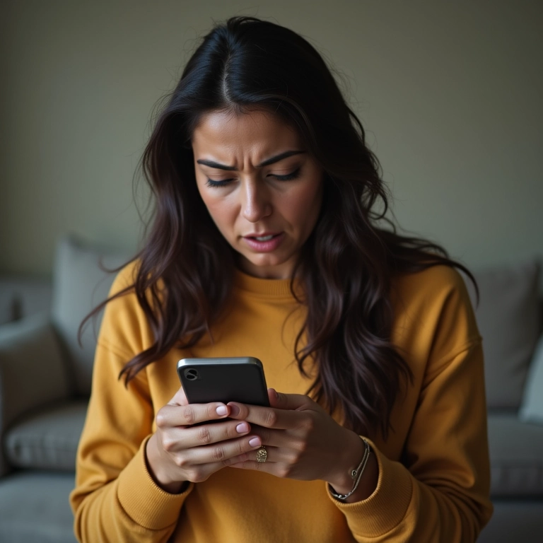 Mulher comprando ações impulsivamente no celular, exemplificando a influência das emoções nos investimentos.