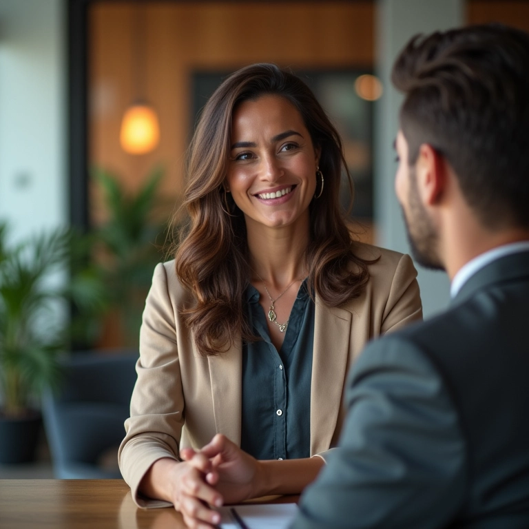 Mulher conversando com um assessor de investimentos em escritório.