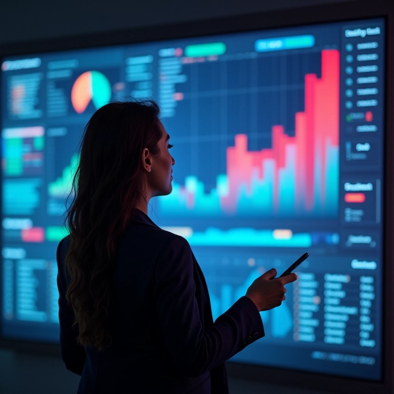 Mulher de negócios apresentando resultados de marketing de conteúdo em painel digital colorido.
