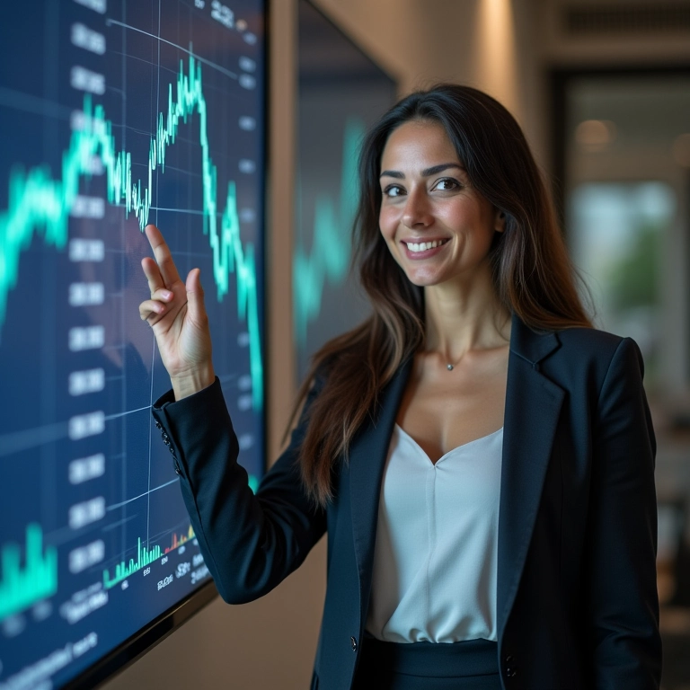 Mulher de negócios confiante mostrando gráfico de investimento em ETFs de renda fixa.
