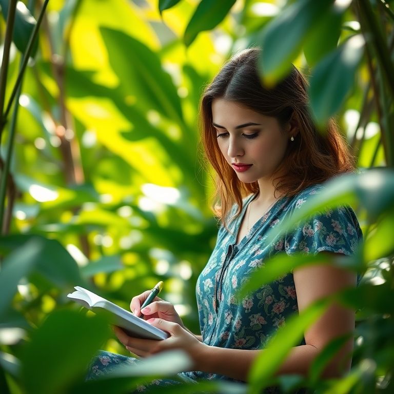 Mulher escrevendo em um diário ao ar livre, cercada pela natureza brasileira.