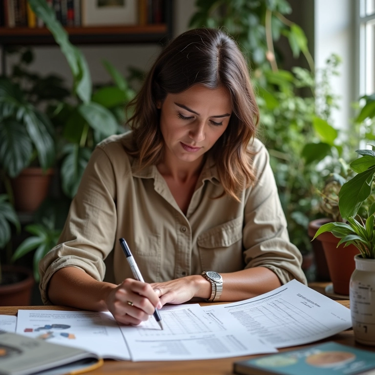 Mulher estudando balanço patrimonial em ambiente aconchegante e colorido.