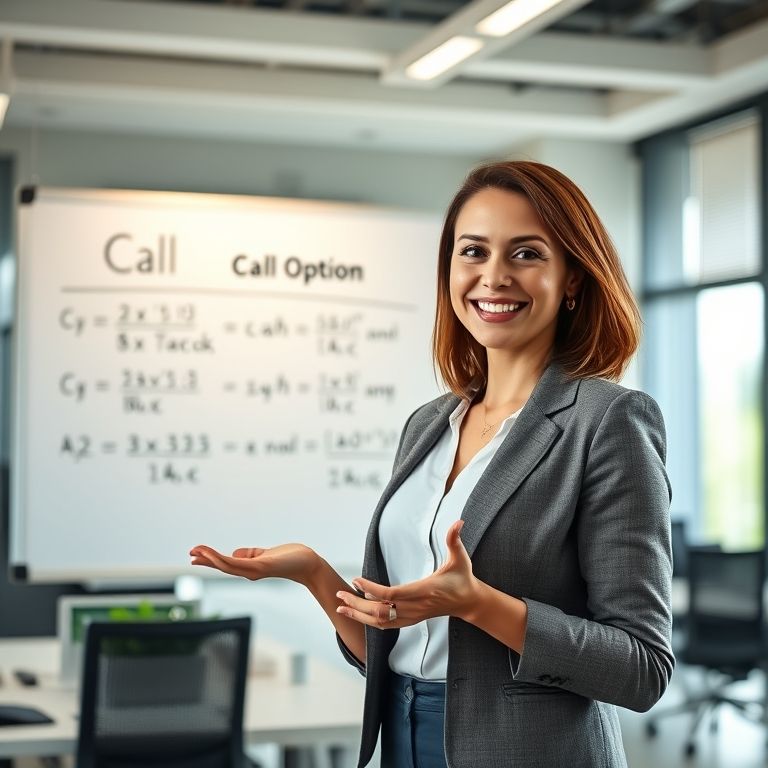 Mulher explicando opções de compra (call) em um escritório moderno e vibrante.