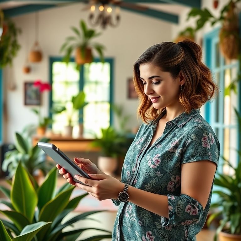 Mulher interagindo com conteúdo de marketing personalizado em tablet.