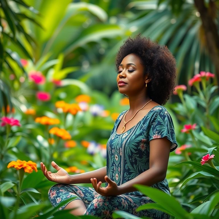 Mulher meditando em jardim brasileiro tranquilo, cercada por verde exuberante e flores vibrantes.