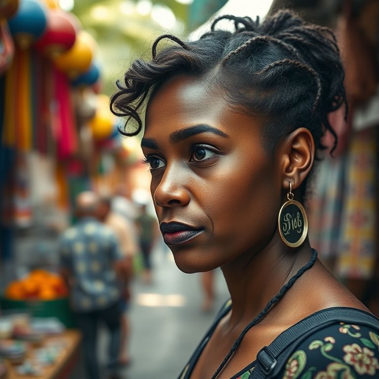 Mulher observando atentamente mercado de rua colorido em Salvador, Bahia.