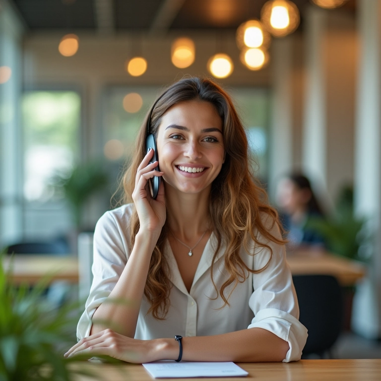 Mulher oferecendo atendimento ao cliente excepcional ao telefone em um escritório com decoração brasileira.