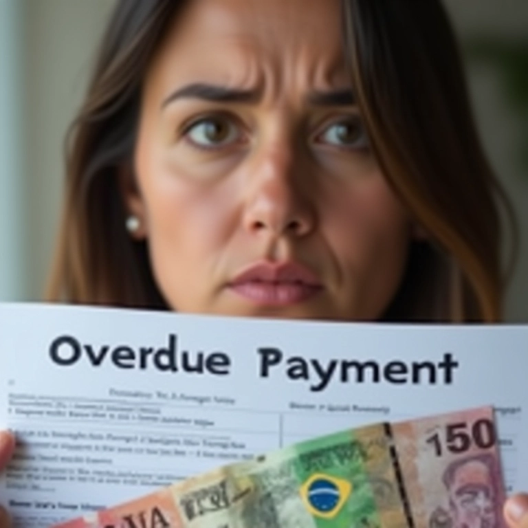 Mulher olhando para uma notificação de pagamento atrasado com preocupação, notas de real visíveis.