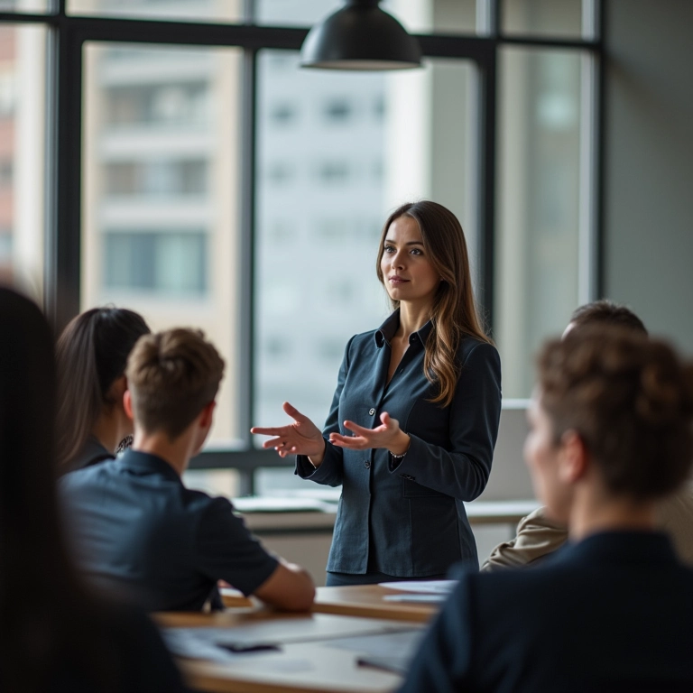 Mulher participando de treinamento de liderança em sala de aula.