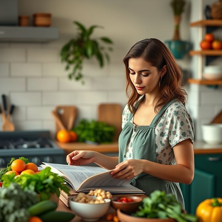 Mulher planejando refeições da semana em cozinha brasileira.