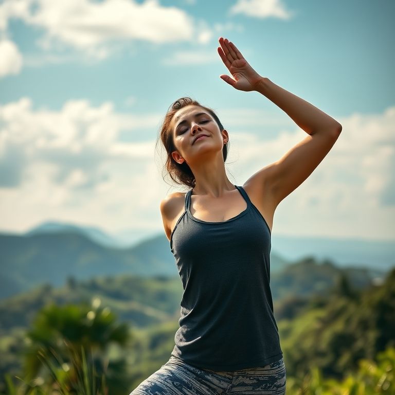 Mulher praticando yoga ao ar livre, saúde e antifragilidade.