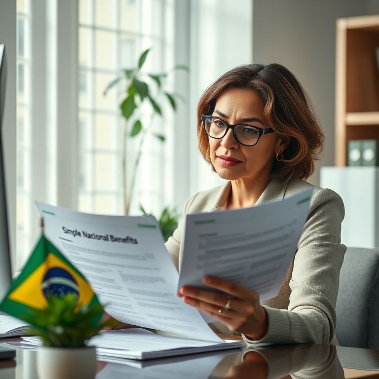 Mulher revisando documentos sobre benefícios do Simples Nacional.