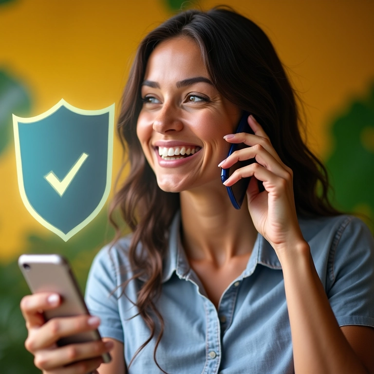 Mulher sorrindo com celular e escudo sobreposto, representando os benefícios do seguro.