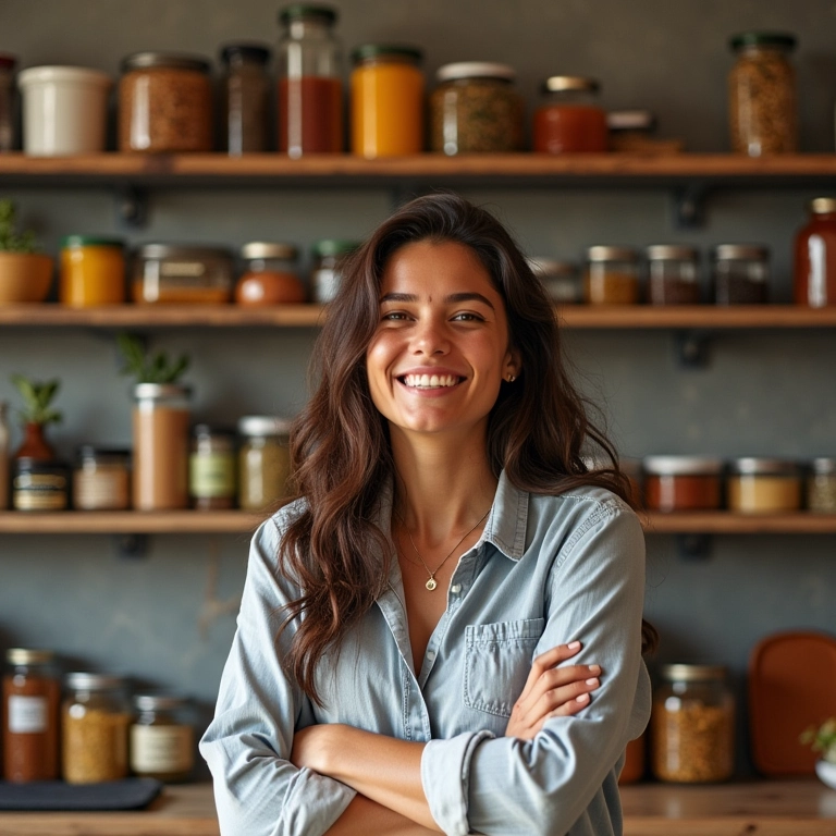 Mulher sorrindo enquanto organiza despensa colorida, estilo brasileiro, com potes etiquetados.