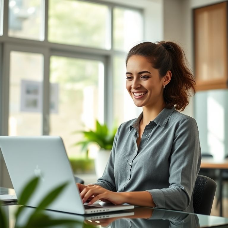 Mulher sorrindo pesquisando vantagens de investir em debêntures em escritório vibrante.