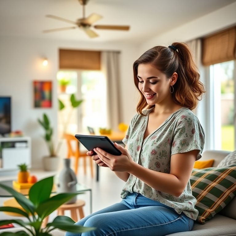 Mulher usando o app LEGO Life em um tablet em um ambiente decorado com estilo brasileiro.