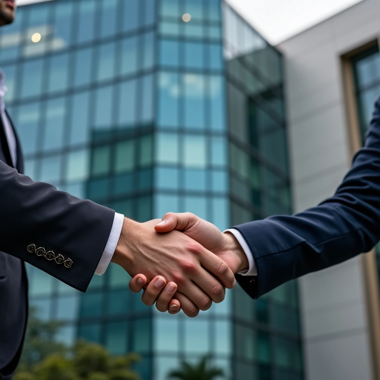 Parceiros de negócios apertando as mãos em frente a um prédio moderno, representando abertura de filial.