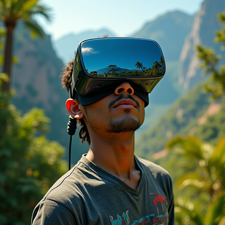 Pessoa usando headset VR imersa em metaverso vibrante com paisagens brasileiras.