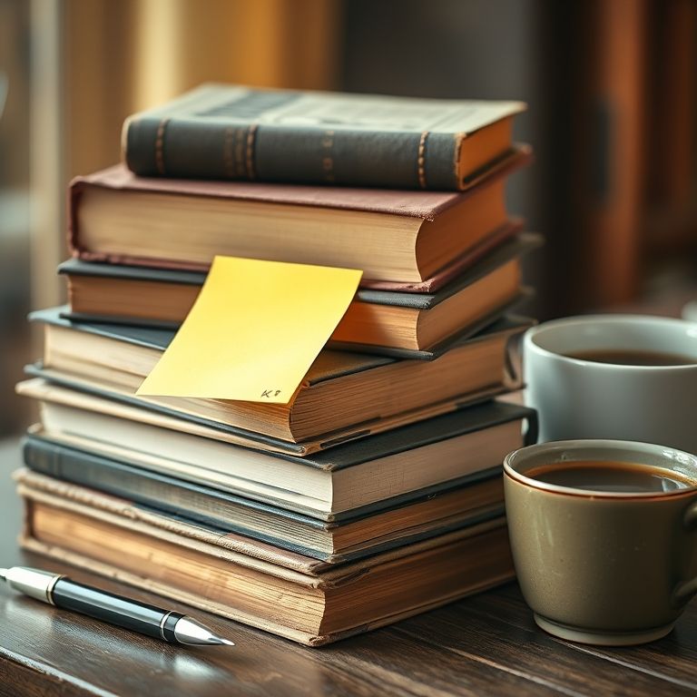 Pilha de livros com anotações, caneta e café, representando a leitura constante.