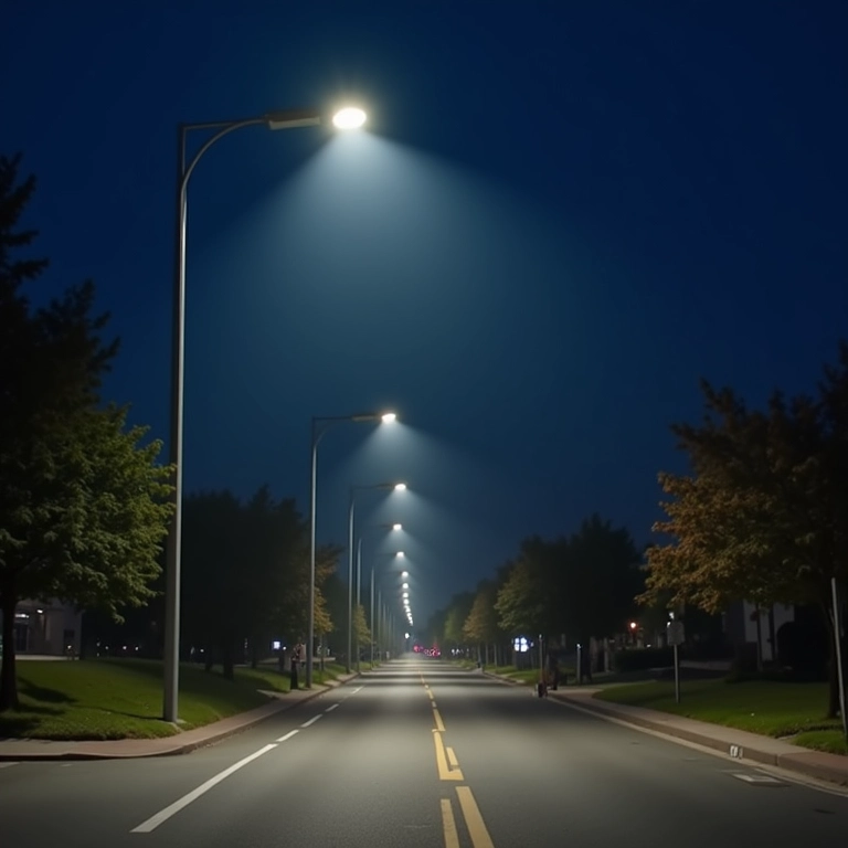 Postes de luz LED modernos regulando a intensidade conforme pedestres passam à noite.