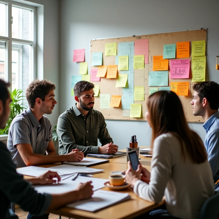 Profissionais brasileiros diversos em brainstorming em escritório criativo.