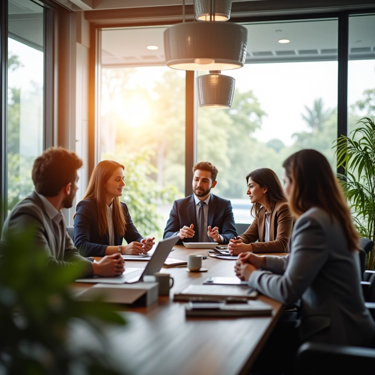 Profissionais diversos colaborando em ambiente de Corporate Venture.