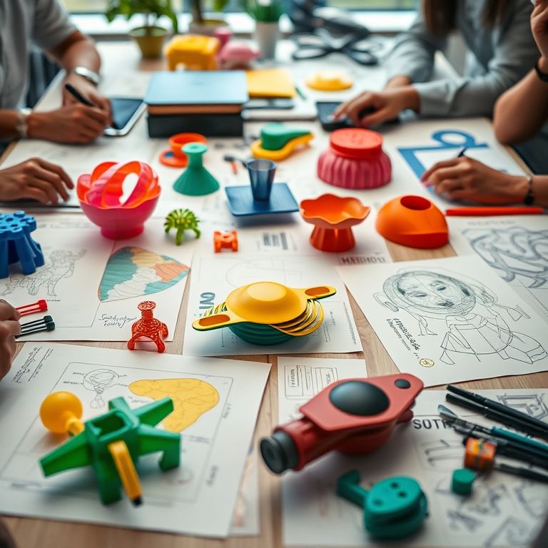 Protótipos e esboços coloridos em uma mesa durante uma sessão de ideação de design.