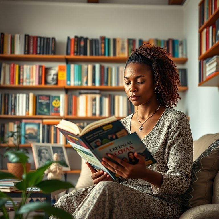 Sala de estar brasileira aconchegante com prateleiras cheias de livros de vários gêneros. Mulher lendo.
