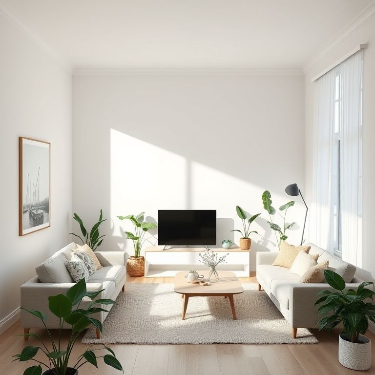 Sala de estar minimalista com paredes brancas, transmitindo pureza e simplicidade.