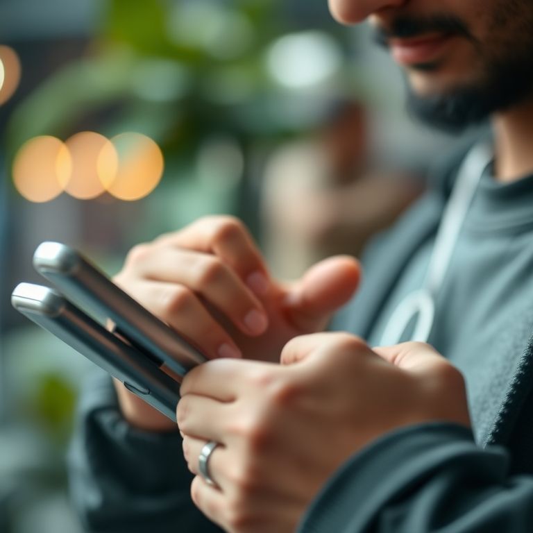 Usuário interagindo com interface amigável em dispositivo móvel, design centrado no humano.