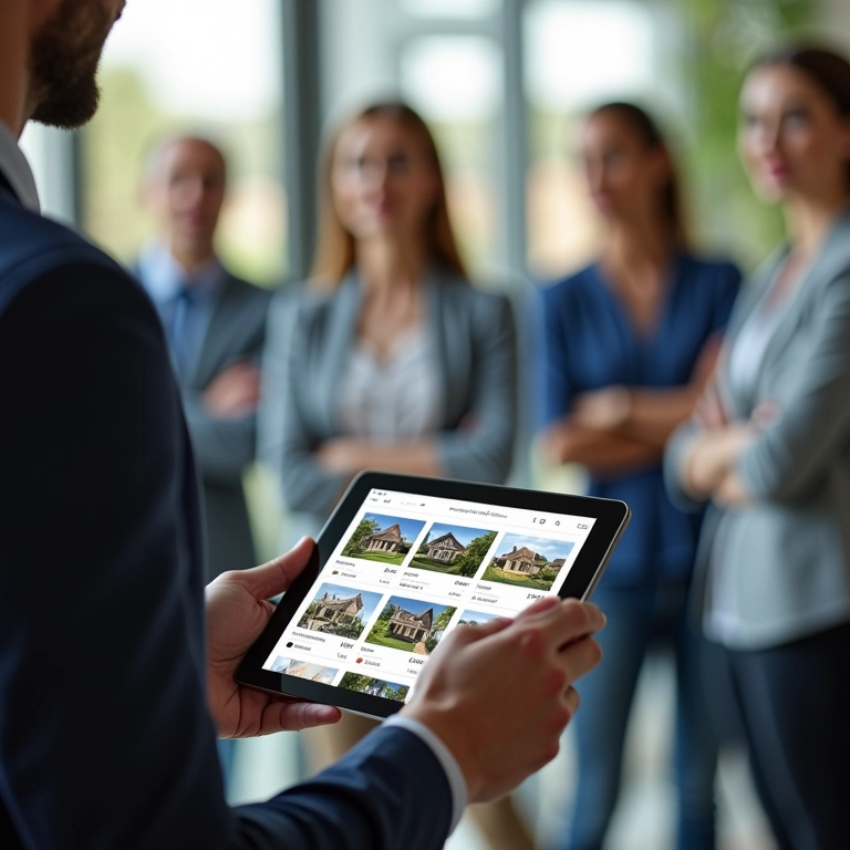 Agente imobiliário usando tablet para apresentar imóveis a clientes.
