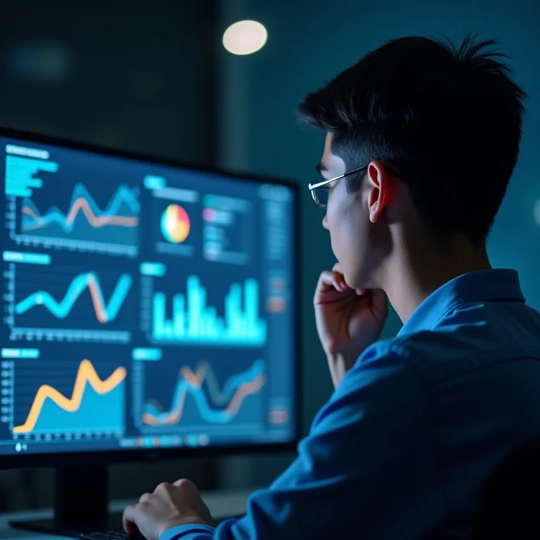 Aluna analisando dados em uma tela de computador.
