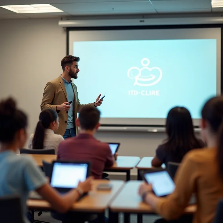 Alunos diversos aprendendo em sala de aula moderna com tecnologia digital.