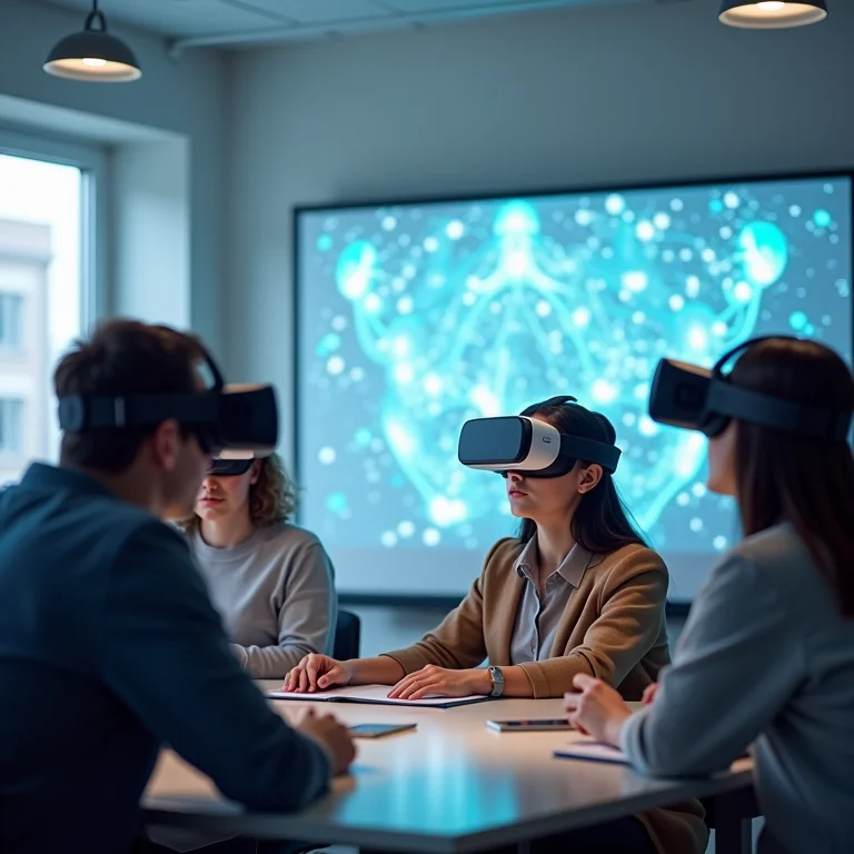 Alunos em sala de aula utilizando realidade mista para interagir com simulação educacional holográfica.