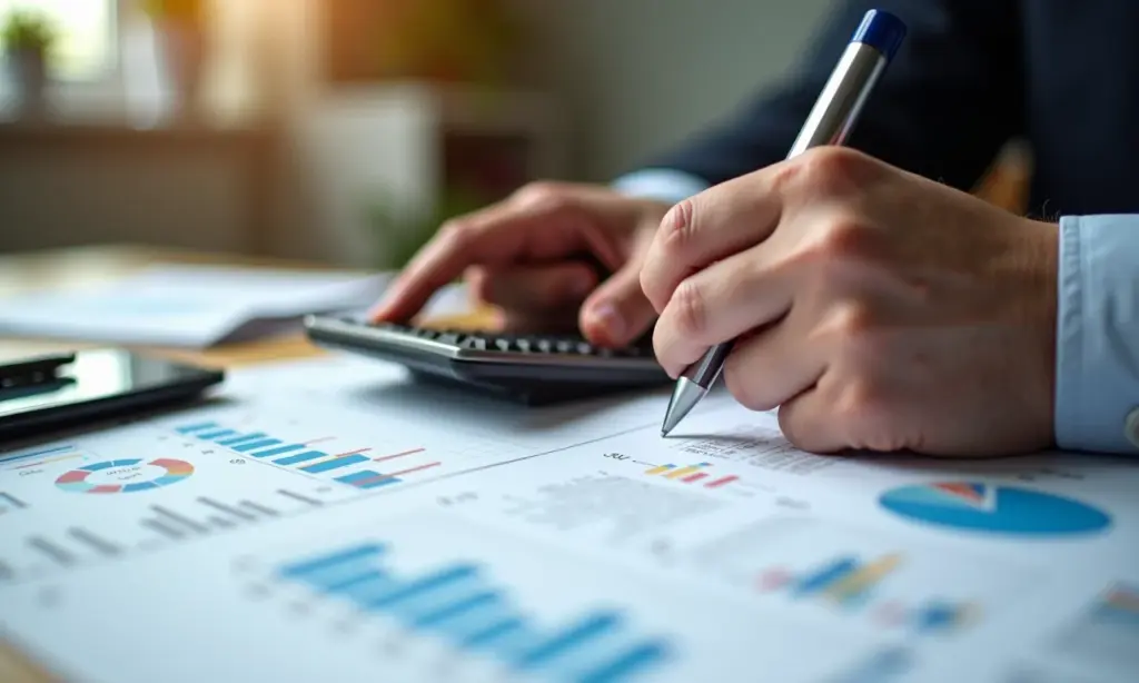 Análise de planilhas financeiras com expressão preocupada, foco em orçamento e calculadora.