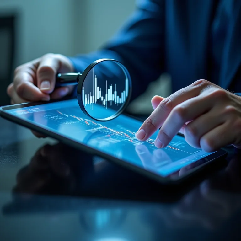 Análise detalhada de um gráfico financeiro em um tablet.