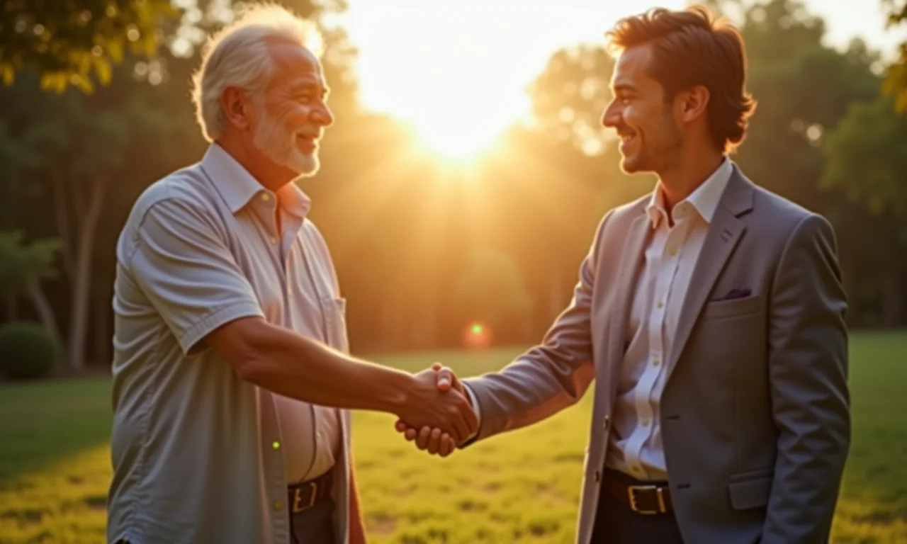 Aperto de mãos entre dois empreendedores, simbolizando mentoria e crescimento mútuo.