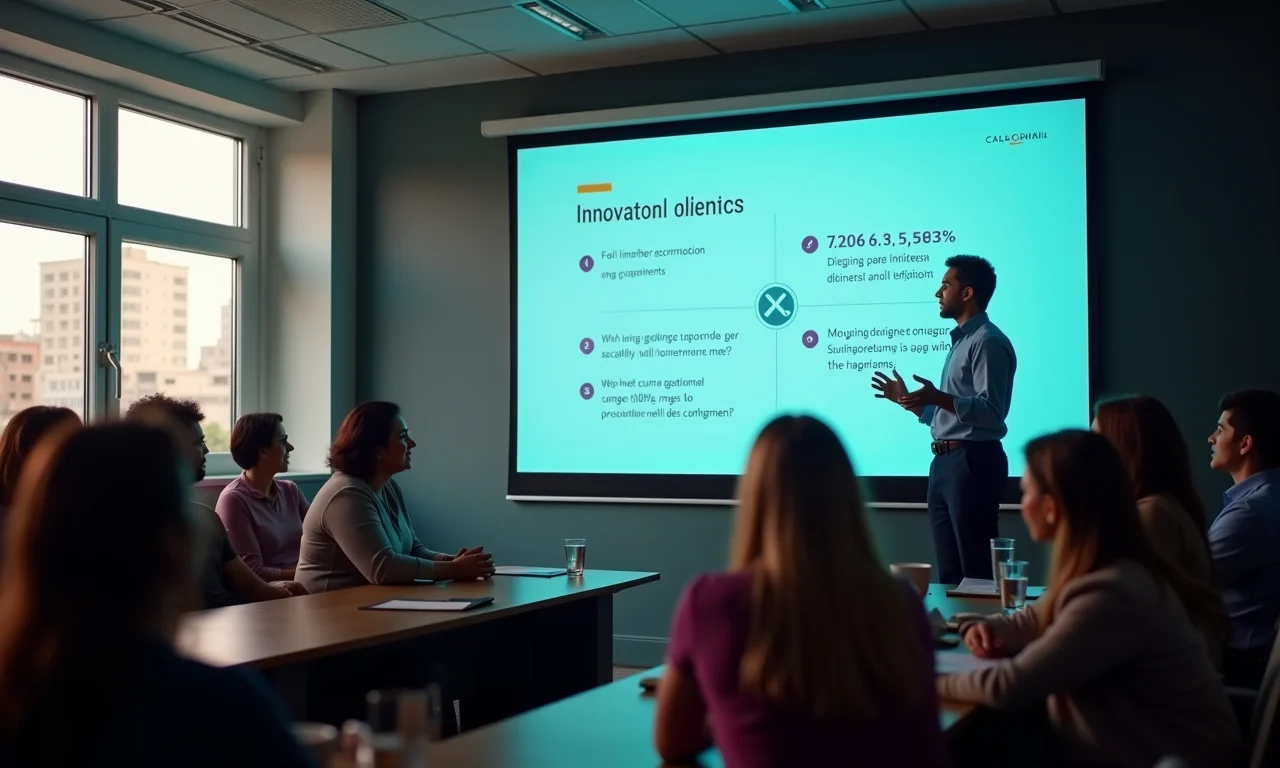 Apresentação da empresa mostrando métricas de engajamento de inovação bem-sucedidas para uma plateia diversificada.