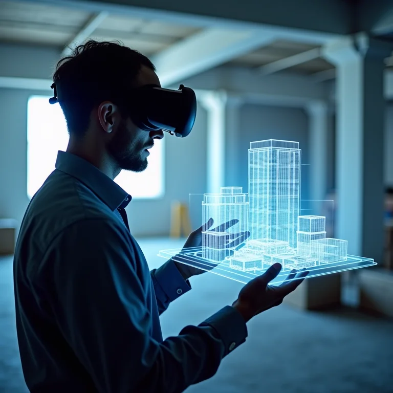Arquiteto utilizando realidade mista para inspecionar modelo holográfico de edifício em canteiro de obras.
