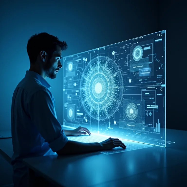 Artista digital utilizando IA para criar arte em display holográfico
