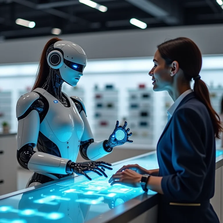 Assistente de IA holográfico ajudando um cliente em uma loja.